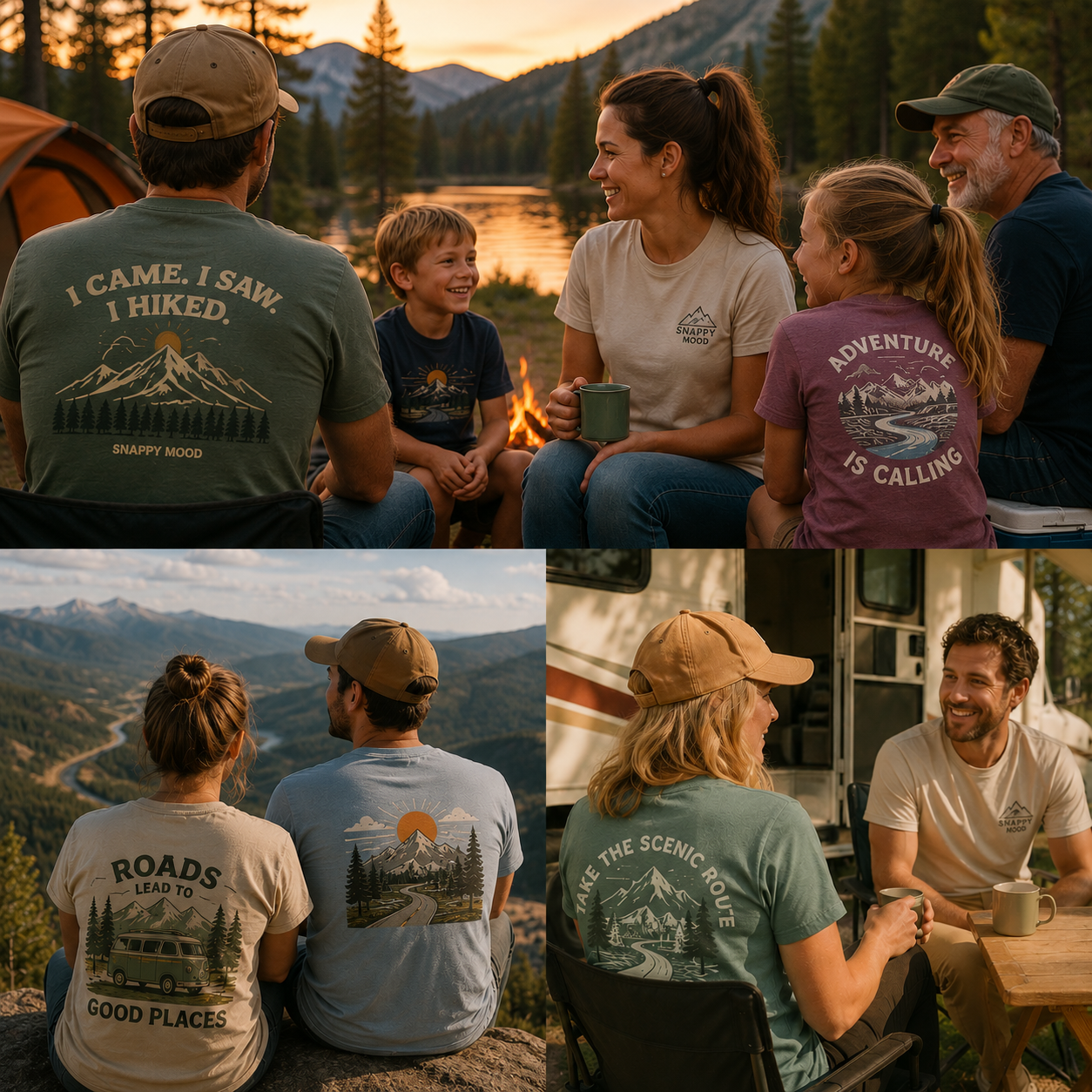 People wearing funny hiking, camping, and road trip T-shirts while enjoying outdoor adventures, mountain views, and a campfire with family and friends.