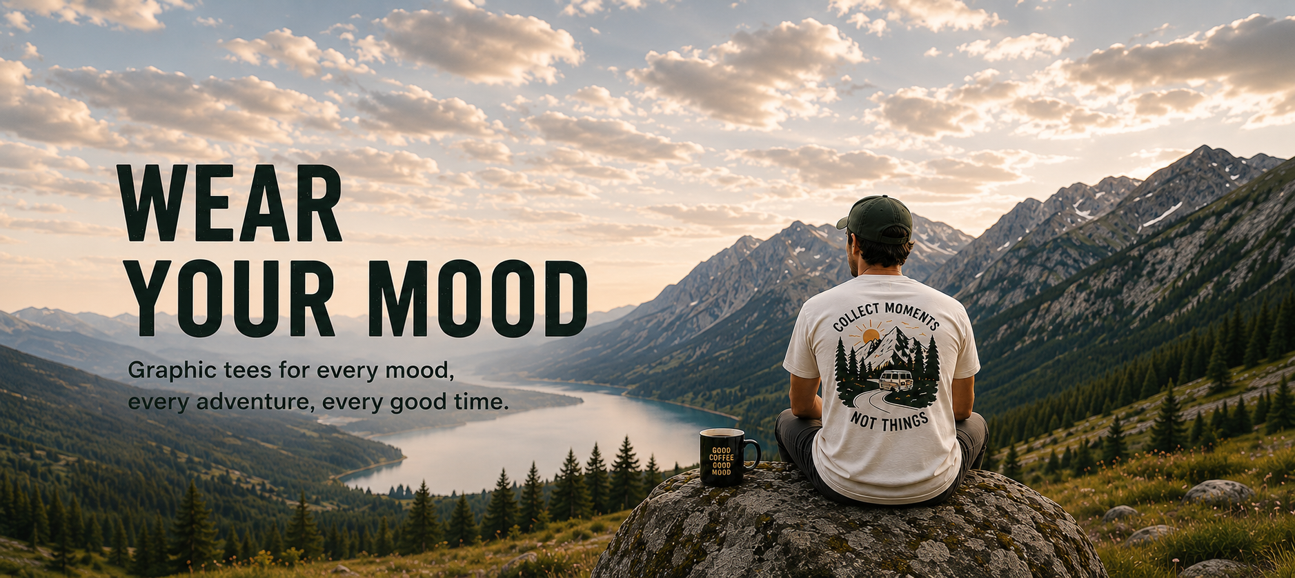 Outdoor adventure lifestyle banner featuring funny graphic T-shirts for hiking, camping and road trip lovers