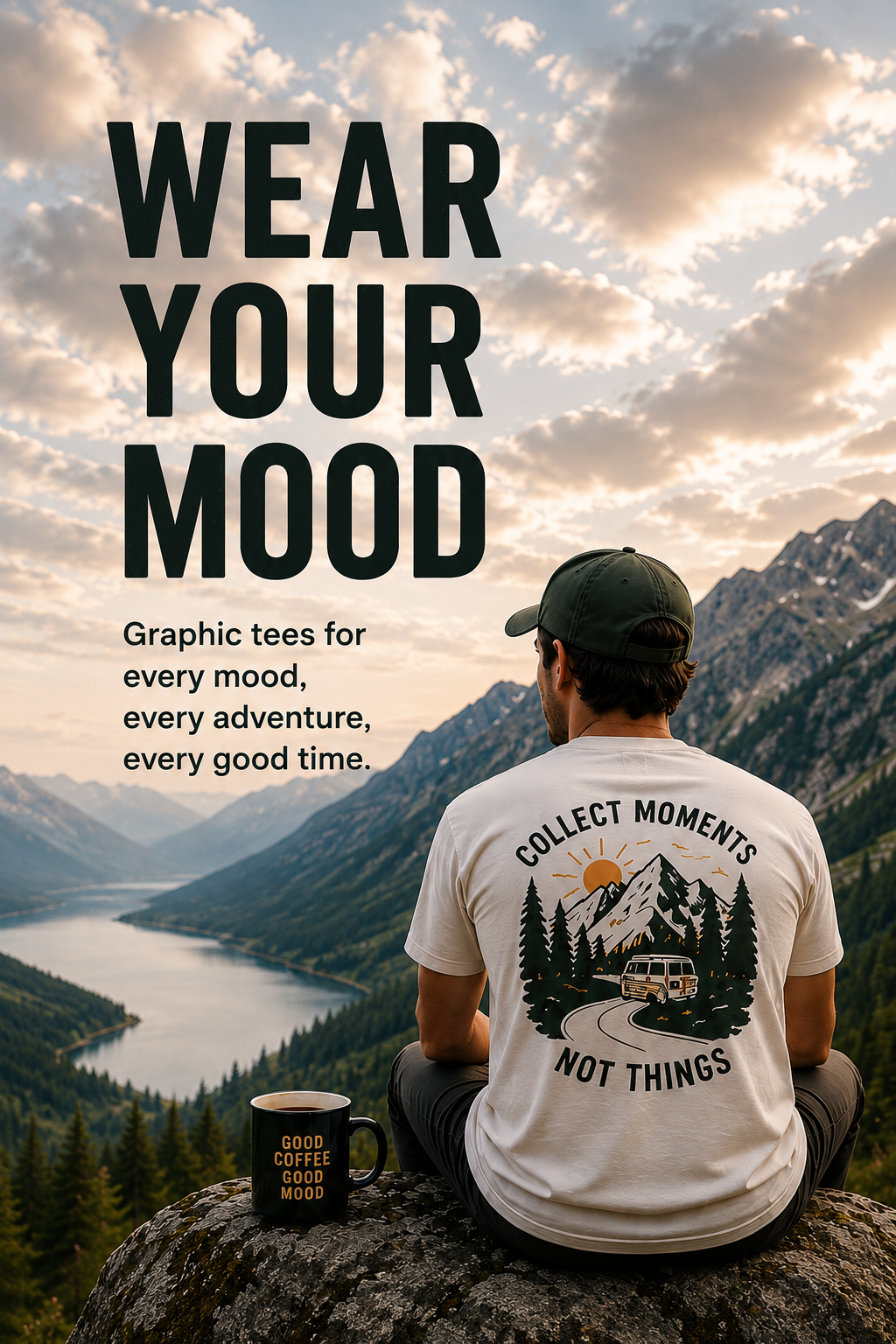 Outdoor adventure lifestyle banner featuring funny graphic T-shirts for hiking, camping and road trip lovers