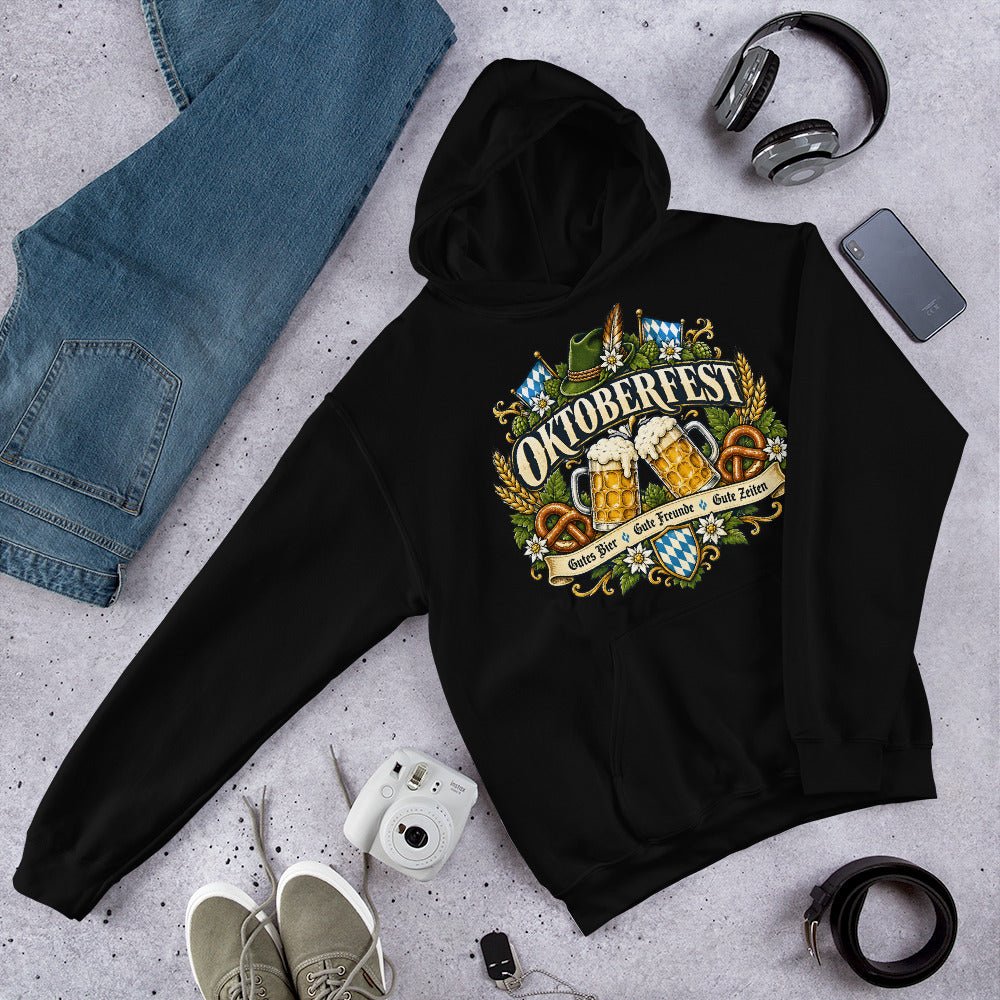 Vintage Oktoberfest Bierembleem Pretzels & Hop Premium Unisex Hoodie - Snappy Mood