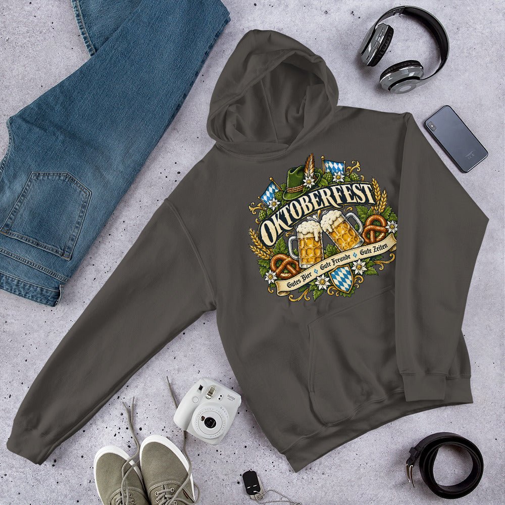 Vintage Oktoberfest Bierembleem Pretzels & Hop Premium Unisex Hoodie - Snappy Mood