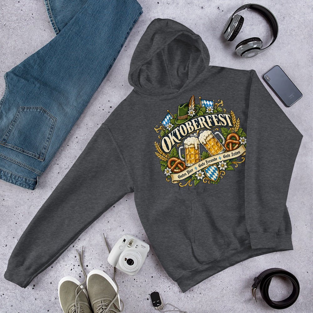 Vintage Oktoberfest Bierembleem Pretzels & Hop Premium Unisex Hoodie - Snappy Mood
