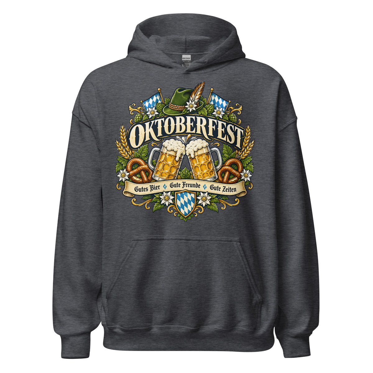 Vintage Oktoberfest Bierembleem Pretzels & Hop Premium Unisex Hoodie - Snappy Mood
