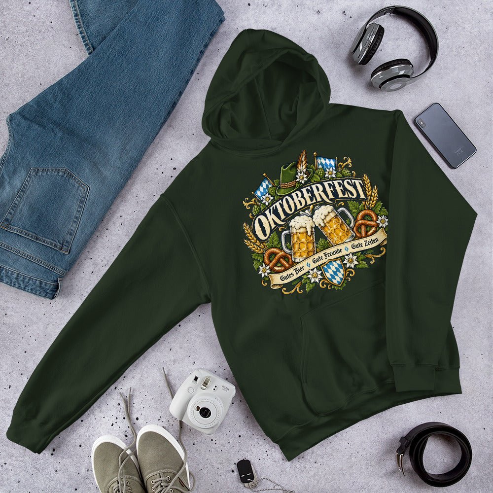 Vintage Oktoberfest Bierembleem Pretzels & Hop Premium Unisex Hoodie - Snappy Mood