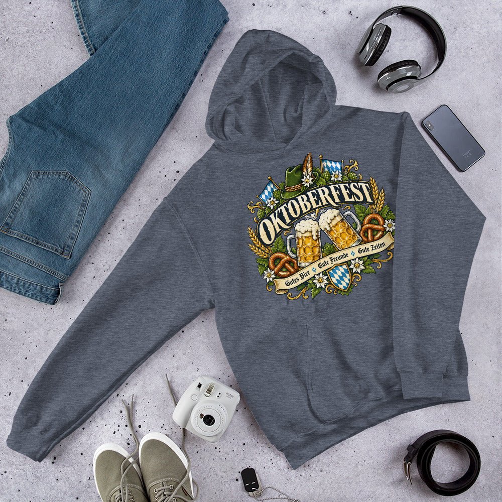 Vintage Oktoberfest Bierembleem Pretzels & Hop Premium Unisex Hoodie - Snappy Mood