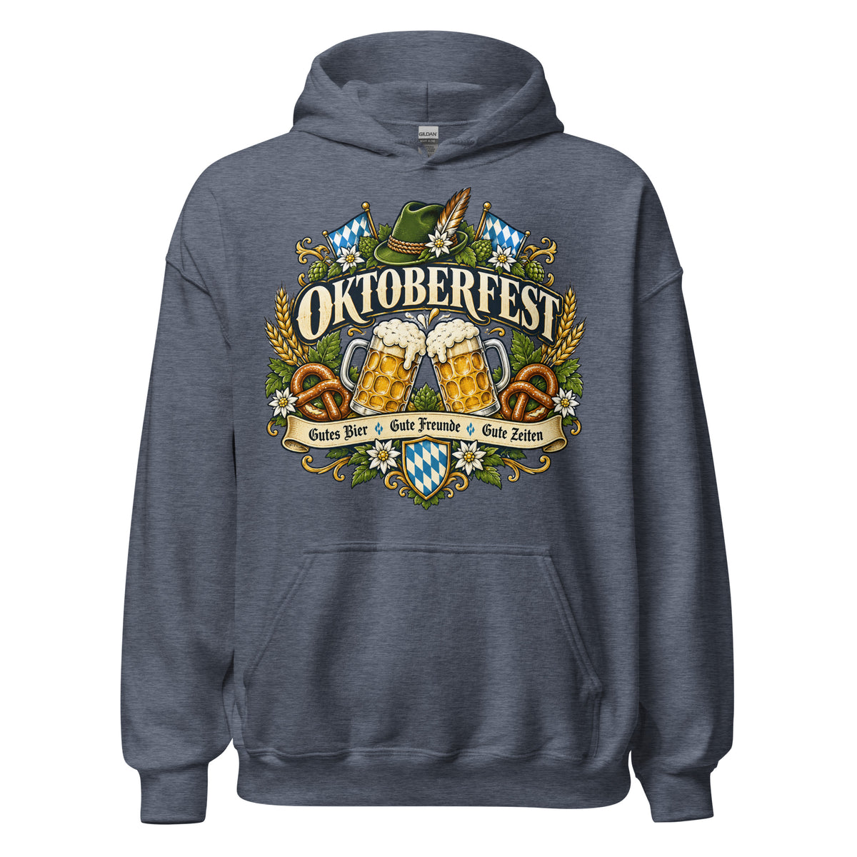 Vintage Oktoberfest Bierembleem Pretzels & Hop Premium Unisex Hoodie - Snappy Mood