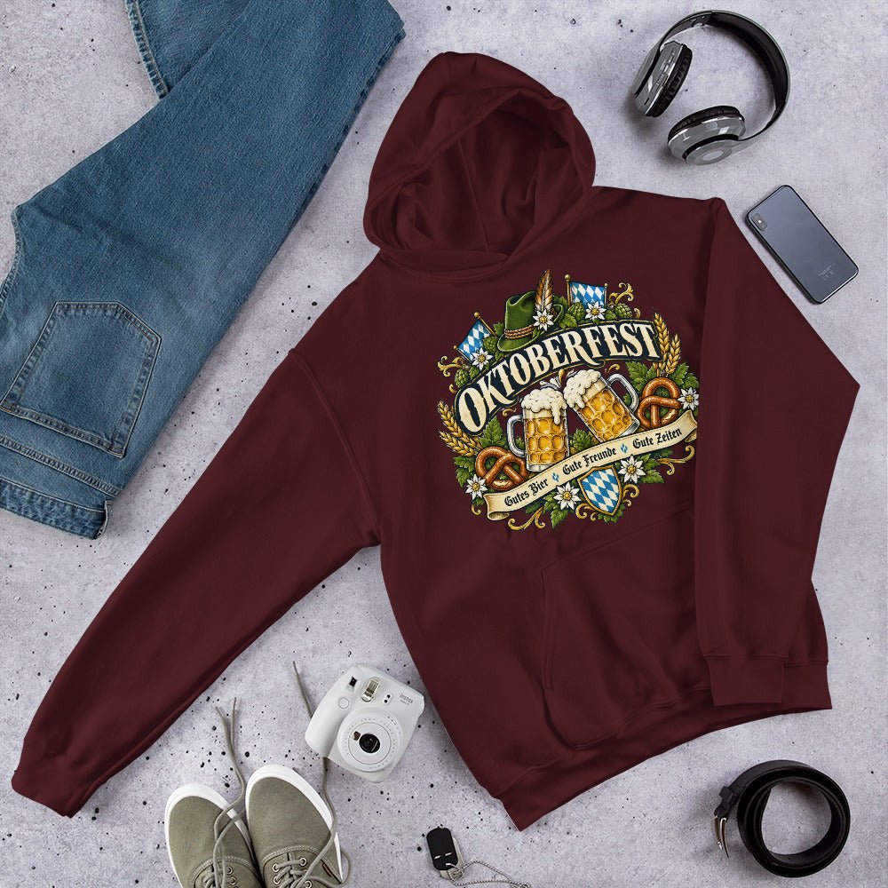 Vintage Oktoberfest Bierembleem Pretzels & Hop Premium Unisex Hoodie - Snappy Mood