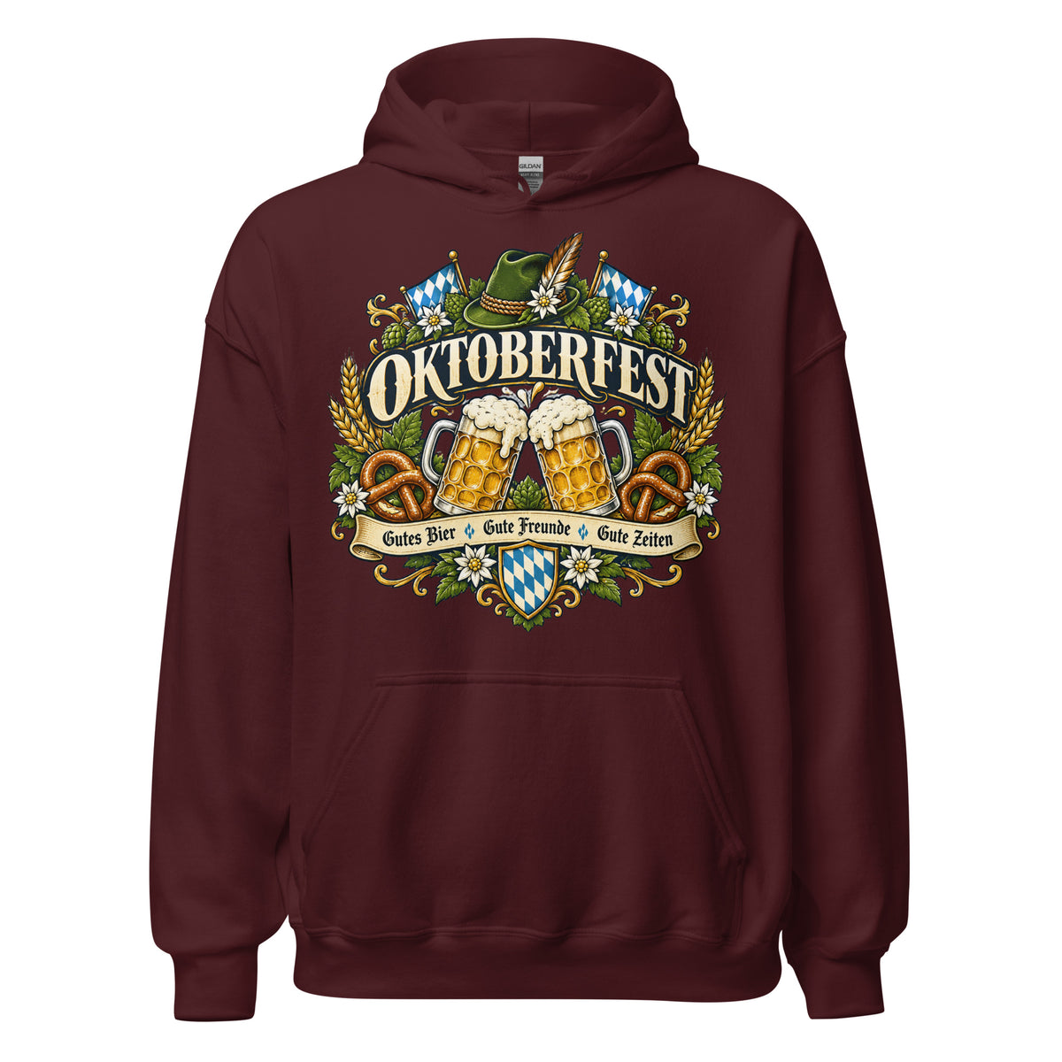Vintage Oktoberfest Bierembleem Pretzels & Hop Premium Unisex Hoodie - Snappy Mood