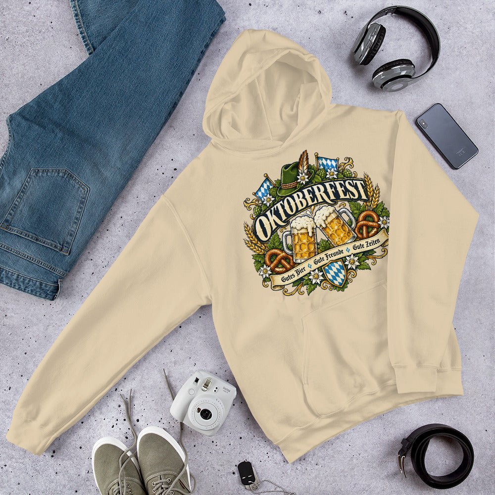 Vintage Oktoberfest Bierembleem Pretzels & Hop Premium Unisex Hoodie - Snappy Mood