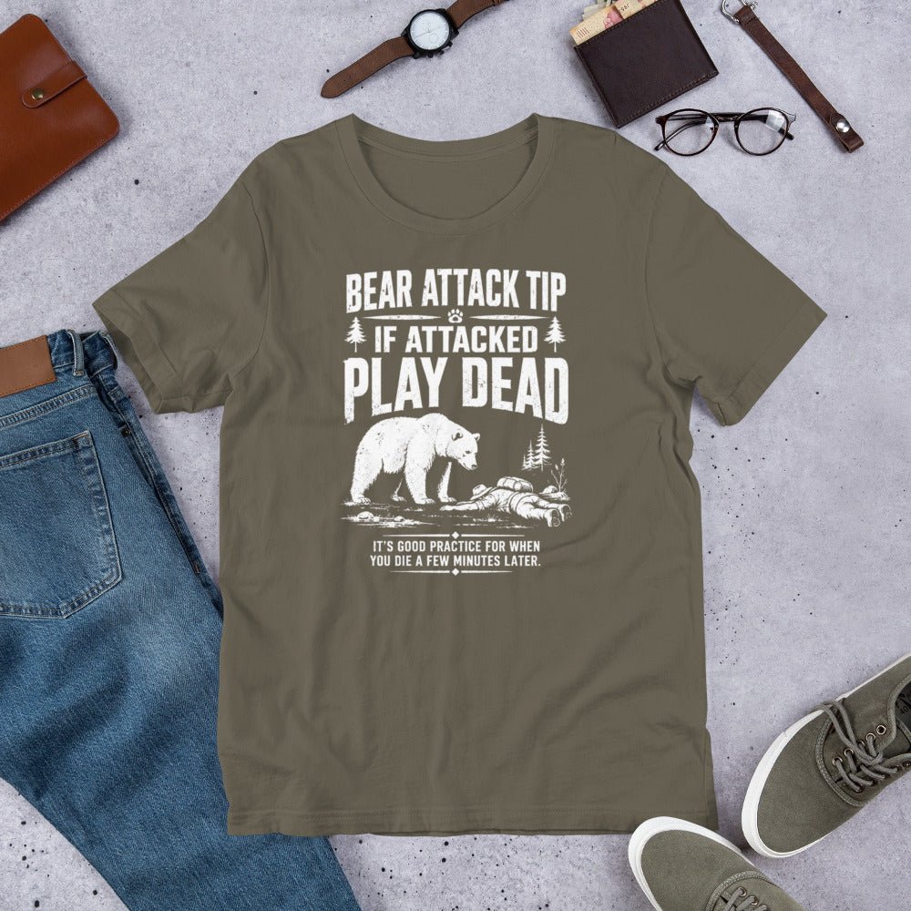 Bear Attack If Attacked Play Dead Funny Hiking T-Shirt- Snappymood